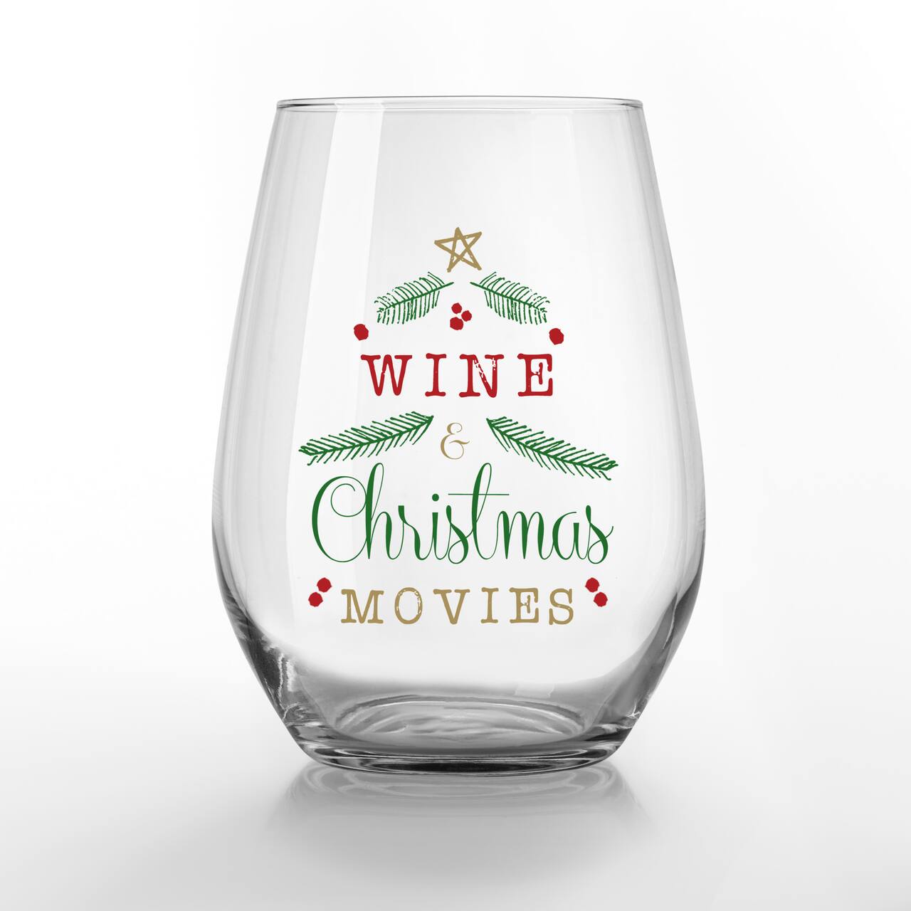 15oz. Wine & Christmas Movies Printed Stemless Wine Glass
